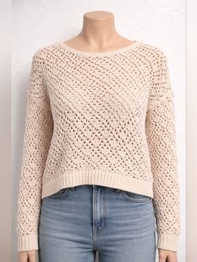 Nicole Miller Artelier Crochet Knit Sweater Cream Open Knit Boho Size L